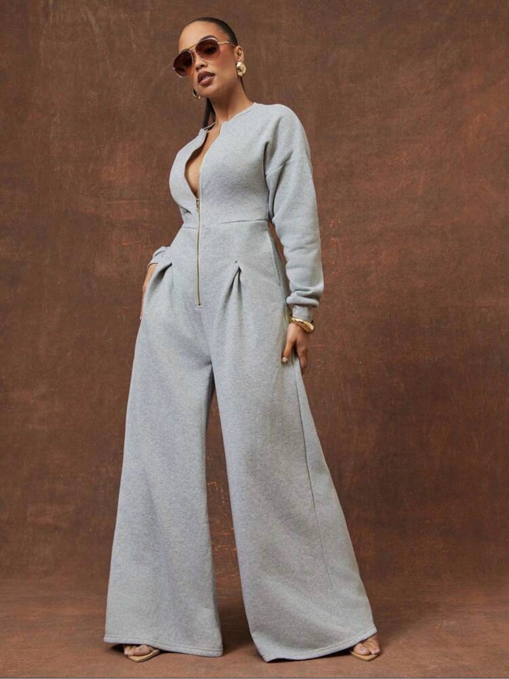 Wide-Leg Zip-Front Jumpsuit in Light Gray